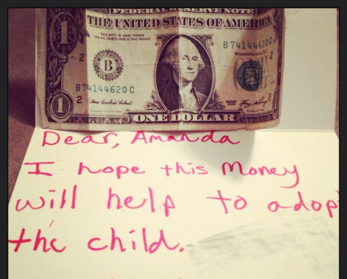 Natalie's initial note containing a single dollar bill that ignited a flood of "Just Ones" that brought a baby home